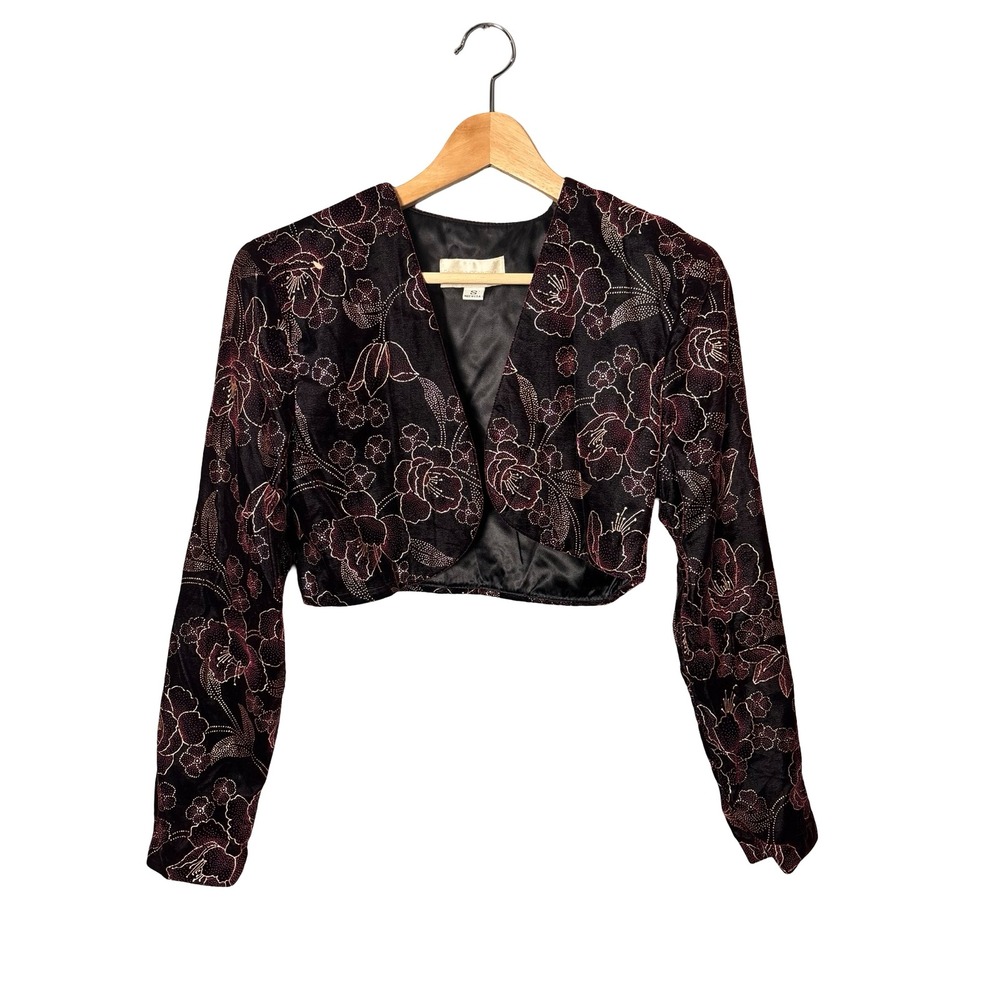 Scott McClintock Vintage Velvet Floral Glitter Bolero Jacket Size S Black Maroon